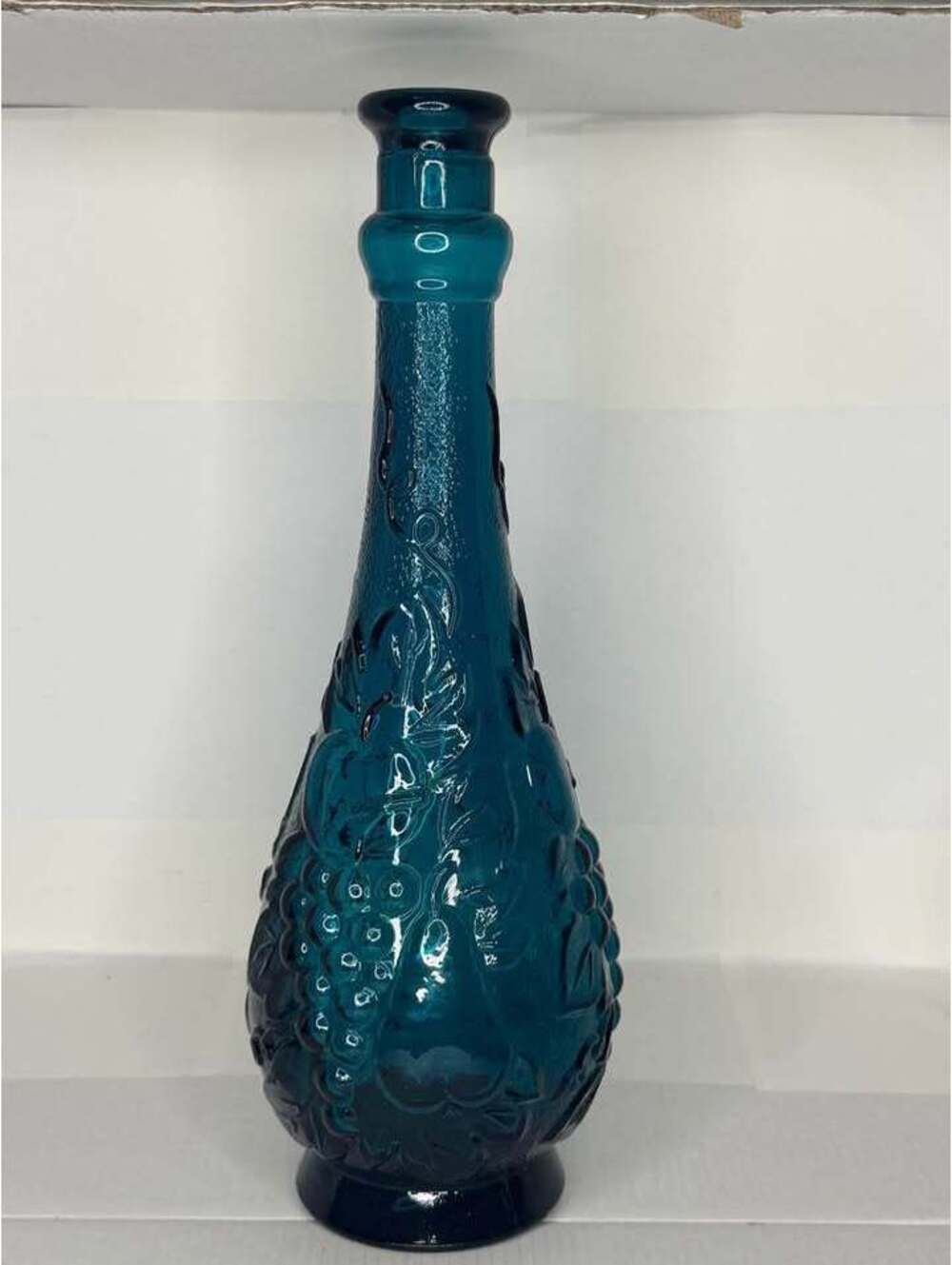 Vintage Teal Blue Glass Grape & Fruit Embossed Bottle